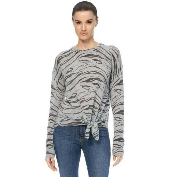 360 Cashmere Sweater Women Medium Tie Front Zebra Print Black Gray - Picture 1 of 7